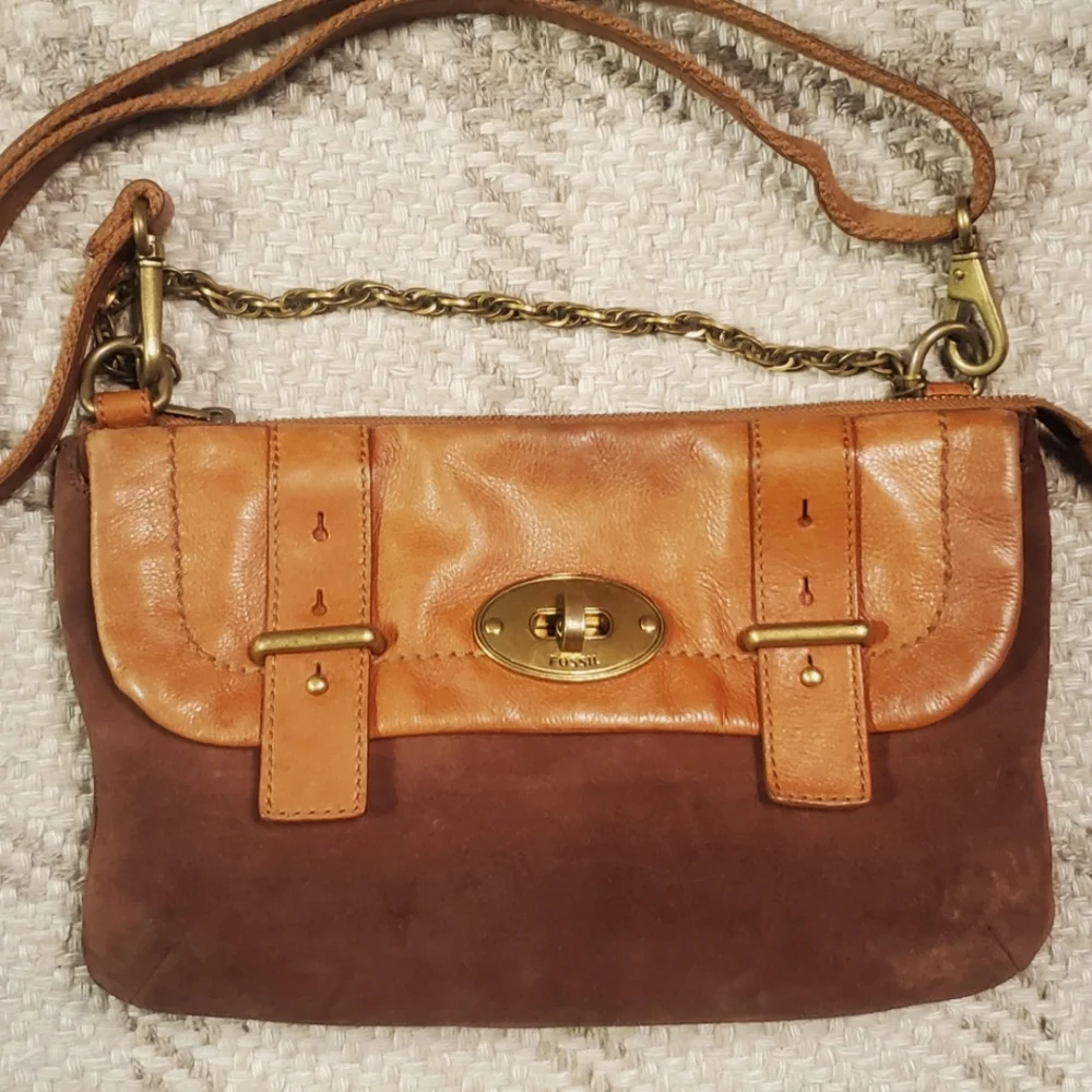 FOSSIL Hobo Shoulder Bag Purse Brown Leather & Suede Boho Festival - Picture 1 of 10